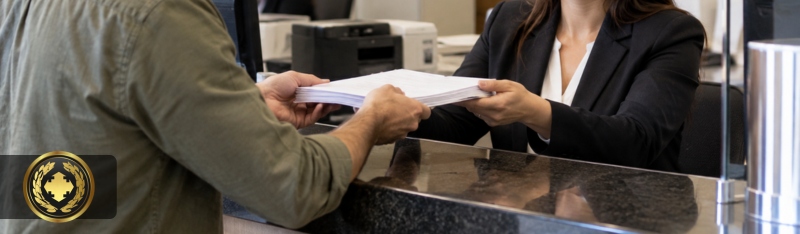 Pessoa entregando uma pilha de documentos a uma funcionária do cartório durante atendimento presencial