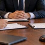 Divórcio consensual: o que é 1 Casal assinando documentos de divórcio diante de um advogado em escritório, em um ambiente profissional e discreto.