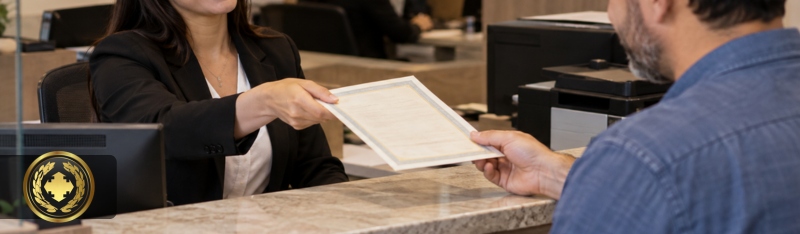 Funcionária de cartório entregando uma certidão a um cliente em um balcão de atendimento, em ambiente moderno e profissional, com iluminação suave e expressão cordial