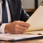 Testamento público patrimonial: como fazer e limites 2 Funcionário de cartório analisando atentamente um testamento em seu escritório, cercado por documentos e livros jurídicos, em um ambiente profissional com iluminação natural.