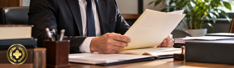 Funcionário de cartório analisando atentamente um testamento em seu escritório, cercado por documentos e livros jurídicos, em um ambiente profissional com iluminação natural.